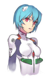 Rule 34 | 1girl, ayanami rei, blue hair, bodysuit, breasts, closed mouth, cropped torso, expressionless, from side, head tilt, headgear, highres, interface headset, looking at viewer, neon genesis evangelion, pilot suit, plugsuit, red eyes, short hair, simple background, sketch, small breasts, solo, turtleneck, upper body, white background, yuksi