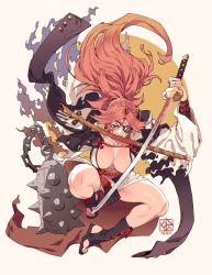 Rule 34 | 1girl, amputee, baiken, big hair, black jacket, black kimono, breasts, cleavage, dated, eyepatch, facial tattoo, guilty gear, guilty gear xrd, highres, holding, holding sword, holding weapon, jacket, jacket on shoulders, japanese clothes, jumping, kataginu, katana, kimono, large breasts, mace, mouth hold, multicolored clothes, multicolored kimono, one-eyed, pink hair, poch4n, ponytail, samurai, sandals, sash, scabbard, scar, scar across eye, scar on face, sheath, signature, simple background, solo, sword, tattoo, torn clothes, traditional media, weapon, white background, white kimono