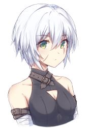 Rule 34 | 1girl, babouo, bandages, bare shoulders, breasts, cleavage cutout, clothing cutout, collarbone, fate/apocrypha, fate/grand order, fate (series), green eyes, hair between eyes, jack the ripper (fate/apocrypha), looking at viewer, scar, short hair, silver hair, simple background, small breasts, solo, upper body, white background