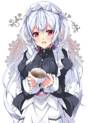 Rule 34 | 1girl, alternate costume, black shirt, center frills, coffee, cup, dress shirt, enmaided, floating hair, frills, hair between eyes, hair ribbon, hat, holding, holding cup, long hair, maid, matoi (pso2), milkpanda, mob cap, open mouth, phantasy star, phantasy star online 2, red eyes, red ribbon, ribbon, shirt, silver hair, simple background, solo, standing, striped ribbon, twintails, very long hair, white background, white hat