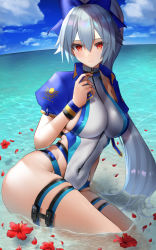 Rule 34 | 1girl, beach, blue bow, blue jacket, blue one-piece swimsuit, blush, bow, breasts, closed mouth, competition swimsuit, fate/grand order, fate (series), faton, flower, hair between eyes, hair bow, highleg, highleg swimsuit, highres, jacket, large breasts, long hair, looking at viewer, ocean, one-piece swimsuit, ponytail, red eyes, seiza, shore, short sleeves, silver hair, sitting, smile, swimsuit, thigh strap, thighs, tomoe gozen (fate), tomoe gozen (swimsuit saber) (fate), tomoe gozen (swimsuit saber) (first ascension) (fate), two-tone swimsuit, white one-piece swimsuit
