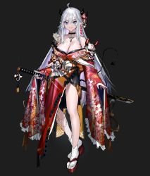 Rule 34 | 1girl, breasts, choker, cleavage, commentary, cowlick, english commentary, grey background, highres, holding, holding sword, holding weapon, horns, indie virtual youtuber, large breasts, long hair, looking at viewer, mixed-language commentary, nail polish, neonbeat, official art, second-party source, sheath, sheathed, smile, solo, sword, vei (vtuber), very long hair, virtual youtuber, weapon, white hair