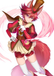 Rule 34 | 10s, 1girl, animal ears, bike shorts, choker, cure chocolat, dog ears, dog tail, earrings, extra ears, gloves, hand on own hip, hat, highres, jewelry, kenjou akira, kirakira precure a la mode, magical girl, mizuya nao, precure, red eyes, red hair, red shorts, shorts, shorts under skirt, simple background, skirt, smile, solo, standing, tail, thighhighs, white background, white gloves, white thighhighs
