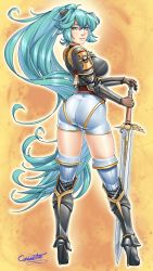 Rule 34 | 1girl, absurdres, alternate costume, aqua eyes, aqua hair, armor, ass, bike shorts, boots, breasts, cabbbriolet, from behind, gauntlets, greaves, hair ornament, hatsune miku, highres, huge ass, large breasts, long hair, looking at viewer, looking back, ponytail, shiny clothes, shiny skin, short shorts, shorts, sideboob, solo, standing, sword, very long hair, vocaloid, weapon