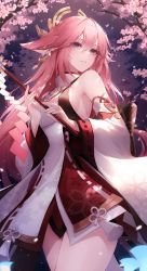 Rule 34 | 1girl, absurdres, bare shoulders, breasts, cherry blossoms, chyopeuteu, closed mouth, cowboy shot, detached sleeves, from below, genshin impact, hair between eyes, hair ornament, hair stick, highres, holding, japanese clothes, jewelry, kimono, long hair, looking at viewer, outdoors, petals, pink hair, pointy ears, purple eyes, solo, standing, tree, very long hair, wide sleeves, yae miko