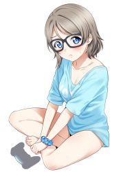 Rule 34 | 1girl, aqua shirt, bottomless, clothes writing, frown, highres, looking at viewer, love live!, love live! sunshine!!, no bra, sankuro (agoitei), scrunchie, shirt, simple background, sitting, solo, tagme, watanabe you, white background, wrist scrunchie