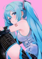 Rule 34 | 1girl, black thighhighs, blue eyes, blue hair, blue nails, blue necktie, blue shirt, blue skirt, breasts, expressionless, hatsune miku, highres, long hair, looking at viewer, looking to the side, medium breasts, necktie, pink background, shirt, sideboob, skirt, sleeveless, sleeveless shirt, solo, takepon1123, thighhighs, thighs, twintails, very long hair, vocaloid