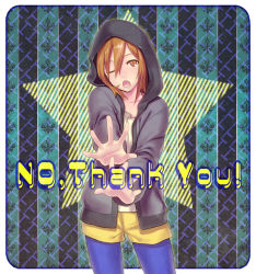 Rule 34 | 1girl, ;o, bad id, bad pixiv id, blue pantyhose, brown eyes, brown hair, casual, english text, foreshortening, hair between eyes, hair down, hood, hoodie, k-on!, kaida bola, looking at viewer, no thank you! (k-on!), one eye closed, open mouth, outstretched arms, outstretched hand, pantyhose, short hair, short shorts, shorts, solo, standing, star (symbol), striped, striped background, tainaka ritsu, wink