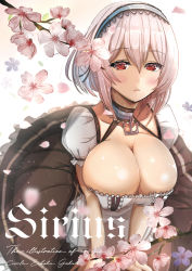 Rule 34 | 1girl, anchor, azur lane, blush, breasts, character name, cherry blossoms, choker, cleavage, collarbone, dress, flower, hair between eyes, hairband, highres, lace-trimmed hairband, lace trim, large breasts, looking at viewer, maid, origin (fefnir nightload), petals, puffy sleeves, red eyes, ribbon, short hair, short sleeves, sidelocks, sirius (azur lane), skindentation, solo, white hair