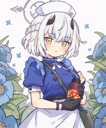 Rule 34 | 1girl, apron, black gloves, black horns, blue archive, blue flower, blush, bottle, braid, breasts, buttons, flower, gloves, halo, hat, holding, horns, large breasts, leaf, looking at viewer, nurse cap, onyhakase, parted lips, puffy short sleeves, puffy sleeves, sena (blue archive), short hair, short sleeves, simple background, solo, waist apron, white apron, white hair, yellow eyes