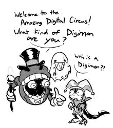 Rule 34 | bakemon, bubble (the amazing digital circus), caine (the amazing digital circus), claws, digimon, digimon (creature), ghost, hat, highres, impmon, looking at another, pomni (the amazing digital circus), scarf, scumon, sharp teeth, tail, teeth, the amazing digital circus