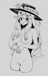 Rule 34 | 1641 (chfhrtor94), 1girl, blush, breasts, collarbone, commentary request, completely nude, cropped legs, female pubic hair, frilled hat, frills, grey background, greyscale, hat, hat feather, highres, jacket girl (dipp), korean commentary, large breasts, long hair, looking at viewer, mole, mole on breast, mole on thigh, monochrome, nipples, nude, own hands together, parted bangs, parted lips, pubic hair, solo, touhou