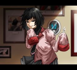 Rule 34 | 1girl, araragi koyomi, black hair, black necktie, black skirt, black undershirt, blue butterfly, bob cut, breasts, bug, butterfly, commentary, fishbowl meguri, glass shards, grin, hair strand, hand on own chin, holding, insect, letterboxed, looking at viewer, messy hair, monogatari (series), naoetsu high school uniform, necktie, oshino ougi, picture frame, pixel art, pleated skirt, school uniform, shaded face, short hair, silhouette, skirt, sleeves past fingers, sleeves past wrists, small breasts, smile, smug, solo, swallowtail butterfly, turtleneck, upper body, w arms