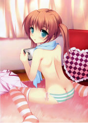 Rule 34 | 1girl, absurdres, aqua eyes, back, bad id, bad yandere id, brown hair, butt crack, frilled pillow, frills, from behind, heart, highres, looking back, natsuki shuri, original, panties, pillow, side-tie panties, sitting, solo, striped clothes, striped panties, striped thighhighs, thighhighs, topless, twintails, underwear, underwear only