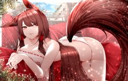 Rule 34 | 1girl, absurdres, akagi (azur lane), animal ear fluff, animal ears, architecture, ass, azur lane, bare legs, bare shoulders, bikini, blue sky, blush, breasts, brown hair, brown tail, cleavage, cloud, cloudy sky, collarbone, commentary, couch, dated commentary, ear down, east asian architecture, english commentary, eyebrows hidden by hair, eyes visible through hair, fox ears, fox girl, fox tail, frown, hair ornament, hair over breasts, hair over shoulder, head tilt, highres, japanese clothes, kitsune, kyuubi, large breasts, light rays, long hair, looking at viewer, lying, multiple tails, on couch, on stomach, own hands together, panties, parted lips, red eyes, revealing clothes, samip, side-tie panties, sidelocks, sky, slit pupils, smile, solo, sunlight, swimsuit, symbol-only commentary, tail, teeth, thick thighs, thighs, tree, underwear, vegetation, very long hair, white bikini, white panties, window
