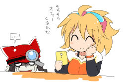 Rule 34 | 1girl, blonde hair, cellphone, closed eyes, digimon, gatchmon, lowres, magnifying glass, phone, smartphone, smile, solo, translated