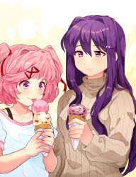 Rule 34 | 2girls, blush, bra strap, brown sweater, chiimako, closed mouth, collarbone, commentary request, doki doki literature club, double scoop, eyelashes, food, hair between eyes, hair intakes, hair ornament, hair ribbon, hairclip, hand up, hands up, holding, holding food, holding ice cream, ice cream, ice cream cone, long hair, long sleeves, multiple girls, natsuki (doki doki literature club), pink eyes, pink hair, purple eyes, purple hair, red ribbon, ribbed sweater, ribbon, shirt, short hair, short sleeves, sidelocks, simple background, smile, sweater, swept bangs, t-shirt, tongue, tongue out, triple wielding, turtleneck, turtleneck sweater, two side up, upper body, white background, white shirt, x hair ornament, yellow background, yuri (doki doki literature club)