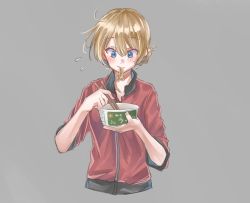 Rule 34 | 10s, 1girl, bad id, bad twitter id, blonde hair, blue eyes, blush, bowl, braid, chopsticks, closed mouth, commentary, cropped torso, cup ramen, darjeeling (girls und panzer), eating, flying sweatdrops, food, food in mouth, frown, girls und panzer, grey background, highres, holding, holding chopsticks, holding food, jacket, long sleeves, messy hair, mouth hold, noodles, ramen, roivas, short hair, simple background, sleeves rolled up, solo, standing, track jacket, twin braids, upper body, zipper
