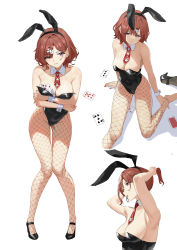 Rule 34 | 1girl, absurdres, animal ears, armpits, arms under breasts, arms up, bare shoulders, black footwear, black hairband, black leotard, blush, breasts, brown hair, card, cleavage, closed mouth, commentary, crossed arms, detached collar, embarrassed, eyes visible through hair, fake animal ears, fishnet legwear, fishnets, from above, from side, full body, hair between eyes, hair ornament, hair tie in mouth, hairband, hairclip, high heels, highres, higuchi madoka, idolmaster, idolmaster shiny colors, knees together feet apart, leaning forward, leotard, looking at viewer, mary janes, medium breasts, mole, mole under eye, mouth hold, multiple views, nail polish, necktie, parted bangs, parted lips, playboy bunny, playing card, ponytail, purple eyes, rabbit ears, rabbit hair ornament, red nails, red necktie, unworn shoe, shoes, unworn shoes, short hair, short necktie, simple background, sitting, sleeveless, standing, strapless, strapless leotard, thighs, tying hair, white background, wing collar, wrist cuffs, yuebaihezi