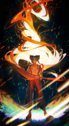 Rule 34 | 1girl, :|, absurdres, barefoot, black background, breasts, closed mouth, collarbone, commentary request, expressionless, fire, floating hair, fujiwara no mokou, full body, hair between eyes, hands in pockets, highres, long hair, long sleeves, looking at viewer, motsuba, ofuda, ofuda on clothes, pants, puffy pants, pyrokinesis, red eyes, red pants, shirt, silver hair, simple background, small breasts, solo, standing, suspenders, torn clothes, torn shirt, touhou, very long hair, white shirt