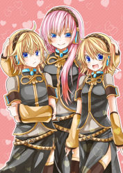 Rule 34 | 1boy, 2girls, amulet, arm warmers, armband, belt, black legwear, black shirt, black skirt, blonde hair, blush, breasts, commentary, cosplay, cowboy shot, crossdressing, crossed arms, fang, frown, gold trim, hand on another&#039;s head, headphones, heart, heart background, kagamine len, kagamine rin, light blush, long hair, long skirt, looking at viewer, medium breasts, megurine luka, megurine luka (cosplay), midriff, momomochi, multiple girls, navel, open mouth, pink background, pink hair, see-through, shirt, short hair, short sleeves, side slit, skirt, sleeveless, sleeveless shirt, small breasts, smile, standing, sweat, thighhighs, vocaloid, yellow sleeves, zettai ryouiki