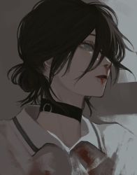 Rule 34 | 1girl, black choker, black hair, blood, blood from mouth, blood on clothes, chainsaw man, choker, collared shirt, hair between eyes, hair bun, highres, inuo (inuo x), nosebleed, parted lips, reze (chainsaw man), shirt, short hair, single hair bun, solo, upper body