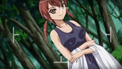 Rule 34 | 00s, 15 bishoujo hyouryuuki, 1girl, animated, animated gif, breasts, nipples, one-piece swimsuit, recording, red hair, sanada ema, school swimsuit, short hair, swimsuit, tree