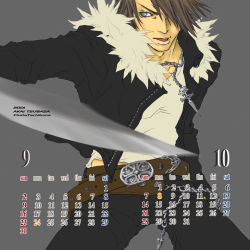 Rule 34 | 1990s (style), 1boy, 2001, belt, black jacket, black pants, blue eyes, brown hair, calendar, chain, final fantasy, final fantasy viii, fur collar, gunblade, hair over one eye, jacket, jewelry, male focus, multiple belts, necklace, october, open mouth, pants, retro artstyle, scar, september, shirt, simple background, solo, squall leonhart, tachibana chata, weapon, white shirt