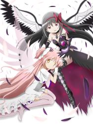 Rule 34 | 2girls, akemi homura, akuma homura, argyle, argyle clothes, argyle legwear, bags under eyes, bare shoulders, black feathers, black gloves, black hair, black wings, bow, choker, cleavage cutout, clothing cutout, dark orb (madoka magica), dress, feathered wings, feathers, frilled dress, frills, gloves, hair bow, hand on another&#039;s head, highres, kaname madoka, kinfuji, kneeling, long hair, looking at viewer, mahou shoujo madoka magica, mahou shoujo madoka magica: hangyaku no monogatari, multiple girls, official style, open mouth, pink hair, pink legwear, purple eyes, red bow, simple background, smile, space, spoilers, star (sky), thighhighs, transparent wings, ultimate madoka, very long hair, white background, white choker, white dress, white feathers, white gloves, winged footwear, wings, yellow eyes