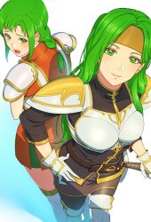 Rule 34 | 2girls, aduti momoyama, armor, back-to-back, belt, black pantyhose, boobplate, boots, braid, breastplate, breasts, brown belt, brown headband, brown skirt, closed mouth, dress, fire emblem, fire emblem: the sacred stones, furrowed brow, gloves, gold trim, green eyes, green hair, hand on own hip, headband, high collar, highres, long hair, looking at another, looking at viewer, looking back, medium breasts, multiple girls, nintendo, o-ring, o-ring belt, open mouth, orange dress, pantyhose, pauldrons, pegasus knight uniform (fire emblem), pink lips, polearm, short dress, shoulder armor, siblings, simple background, single braid, sisters, skirt, smile, spear, standing, syrene (fire emblem), thigh boots, thighhighs, vanessa (fire emblem), weapon, white armor, white background, white gloves, white thighhighs