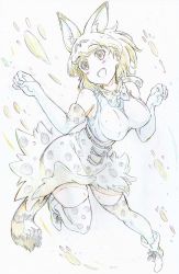Rule 34 | 1girl, :d, absurdres, animal ears, ankle boots, blonde hair, blush, boots, bow, bowtie, breasts, brown eyes, color trace, colored pencil (medium), commentary, elbow gloves, extra ears, full body, gloves, head tilt, high-waist skirt, highres, kemono friends, kitazinger, large breasts, leaning forward, leg up, light blush, miniskirt, open mouth, paw pose, print bow, print bowtie, print gloves, print neckwear, print skirt, print thighhighs, serval (kemono friends), serval print, serval tail, shirt, short hair, skindentation, skirt, sleeveless, sleeveless shirt, smile, solo, standing, standing on one leg, striped tail, tail, thighhighs, traditional media, white gloves, yellow skirt, yellow thighhighs
