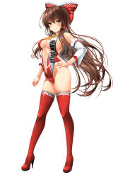Rule 34 | 1girl, blush, boots, bow, breasts, brown eyes, brown hair, commentary request, commission, detached sleeves, hair between eyes, hair bow, hakurei reimu, hand on own hip, highres, kamiya tomoe, leotard, long hair, looking at viewer, medium breasts, pixiv commission, race queen, red bow, red footwear, red leotard, simple background, smile, smug, solo, thigh boots, touhou, white background