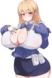 Rule 34 | 1girl, absurdres, belt pouch, blonde hair, blue bow, blue bowtie, blue jacket, blush, bow, bowtie, breasts, brown eyes, claw ring, cleavage, closed mouth, collared shirt, goddess of victory: nikke, hair ornament, highres, huge breasts, jacket, jewelry, long hair, miniskirt, multiple rings, nineru, off-shoulder jacket, off shoulder, partially unbuttoned, pencil skirt, pouch, puffy sleeves, ring, shirt, simple background, skirt, sleeves past wrists, smile, solo, strap, tia (nikke), white background, white shirt