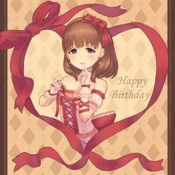 Rule 34 | 1girl, bionekojita, blue eyes, blush, breasts, brown hair, earrings, gloves, happy birthday, idolmaster, idolmaster cinderella girls, idolmaster cinderella girls starlight stage, jewelry, looking at viewer, medium breasts, parted lips, red ribbon, ribbon, sakuma mayu, smile, solo, white gloves