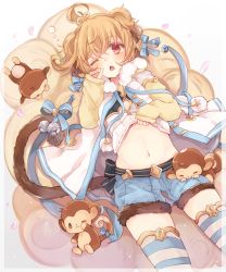 Rule 34 | 10s, 1girl, ;3, ahoge, andira (granblue fantasy), animal ears, bell, blonde hair, blue ribbon, blush, cherry blossoms, cleavage cutout, clothing cutout, cloud, cowboy shot, erune, from above, fur trim, granblue fantasy, hairband, jingle bell, long sleeves, looking at viewer, lying, monkey, monkey ears, monkey tail, navel, on back, one eye closed, red eyes, ribbon, riruno, shorts, sleepy, solo, striped clothes, striped thighhighs, tail, tail bell, tail ornament, tail ribbon, thighhighs