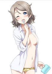 Rule 34 | 10s, 1girl, blue eyes, blush, breasts, breasts apart, brown hair, brushing teeth, collarbone, collared shirt, commentary request, cowboy shot, cup, head tilt, highres, holding, holding cup, looking at viewer, love live!, love live! sunshine!!, medium breasts, mug, navel, no bra, one eye closed, open clothes, open shirt, panties, plaid, plaid panties, sankuro (agoitei), shirt, short hair, simple background, sleepy, solo, standing, stomach, swept bangs, teardrop, tears, toothbrush, underwear, watanabe you, white background, white shirt, wing collar, yellow panties