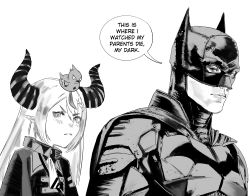 Rule 34 | 1boy, 1girl, animal, animal on head, batman, batman (series), bird, bird on head, collar, crossover, crow (la+ darknesss), dc comics, english text, greyscale, hair behind ear, highres, hololive, horns, jacket, la+ darknesss, looking at viewer, meme, monochrome, on head, pointy ears, portrait, speech bubble, superhero costume, the batman (2022), this is where i watched my parents die raphael (meme), v-shaped eyebrows, virtual youtuber, xyanaid