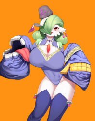 Rule 34 | 1girl, absurdres, bare shoulders, blush, breasts, brooch, cleavage, cleavage cutout, clothing cutout, collarbone, colored skin, covered navel, creatures (company), detached sleeves, earrings, extra mouth, facial mark, female focus, game freak, gardevoir, gastly, gen 1 pokemon, gen 3 pokemon, green hair, green skin, groin, haembokeyo, hair over one eye, hands up, happy, heart, highres, jewelry, jiangshi, large breasts, leotard, looking at viewer, mawile, medium hair, mega mawile, mega pokemon, multicolored skin, multiple earrings, nintendo, object on head, odd keystone, ofuda, ofuda on head, one eye covered, open mouth, orange background, pokemon, pokemon (creature), purple leotard, purple sleeves, purple thighhighs, raised eyebrows, red eyes, simple background, sleeves past fingers, sleeves past wrists, smile, solo, standing, tassel, tassel earrings, teeth, thighhighs, thighs, tongue, tongue out, two-tone skin, white skin, zipper, zipper pull tab