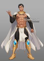 Rule 34 | 1boy, abs, absurdres, bara, black hair, copyright request, exelionstar, facial hair, highres, looking at viewer, male focus, muscular, muscular male, nipples, pectorals, smile, solo, tattoo