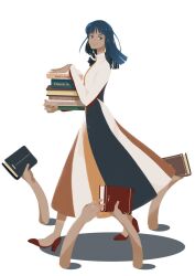 Rule 34 | 1girl, archived source, bad id, bad twitter id, blue hair, blunt bangs, book, commentary request, dark blue hair, disembodied limb, dress, extra hands, full body, hana hana no mi, highres, holding, holding book, korean commentary, long dress, long hair, long sleeves, looking at viewer, mulmulgogibbq, nico robin, one piece, profile, red footwear, simple background, smile, walking, white background