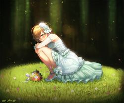 Rule 34 | 1girl, ahoge, artist name, asymmetrical gloves, bare shoulders, blurry, blush, bokeh, bouquet, bow, breasts, bye (lbyel), crossed arms, depth of field, dress, elbow gloves, flower, forest, full body, gloves, glowing, grass, green eyes, hair bow, high heels, idolmaster, idolmaster million live!, idolmaster million live! theater days, light brown hair, medium breasts, nature, sakuramori kaori, short hair, single glove, smile, solo, squatting, uneven gloves