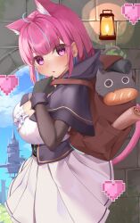 Rule 34 | absurdres, ahoge, animal ear fluff, animal ears, backpack, bag, black capelet, black gloves, blue hair, blush, breasts, capelet, cat ears, cat girl, cat tail, cet (hajisirazunoko), cleavage, commentary request, fingerless gloves, gloves, hair between eyes, heart, highres, hololive, large breasts, looking at viewer, minato aqua, multicolored hair, neko (minato aqua), one eye closed, pink hair, purple eyes, skirt, streaked hair, tail, virtual youtuber, white skirt