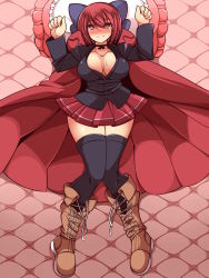 Rule 34 | 1girl, bad id, bad pixiv id, black shirt, black thighhighs, blue bow, blush, boots, bow, breasts, brown footwear, cape, cleavage, closed mouth, collarbone, cross-laced footwear, curvy, full body, hair bow, highres, knees together feet apart, lace-up boots, large breasts, long sleeves, looking at viewer, lying, microskirt, neck ribbon, nose blush, on back, on bed, pillow, pleated skirt, red eyes, red hair, red skirt, ribbon, sekibanki, shirt, short hair, skirt, solo, sweat, thighhighs, touhou, ueda katsuhito, wide hips
