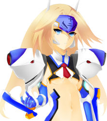Rule 34 | 1girl, absurdres, arc system works, blazblue, blonde hair, blue eyes, breasts, female focus, flat chest, headband, highres, long hair, midriff, mu-12, shanax, shoulder pads, simple background, small breasts, solo, tiara, underboob, white background