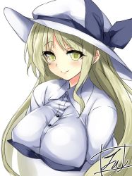 Rule 34 | 1girl, blonde hair, blue bow, blush, bow, breasts, buttons, closed mouth, collared shirt, dress shirt, hat, hat bow, large breasts, long hair, looking at viewer, shirt, sidelocks, signature, simple background, smile, solo, tirotata, touhou, upper body, watatsuki no toyohime, white background, white hat, white shirt, yellow eyes