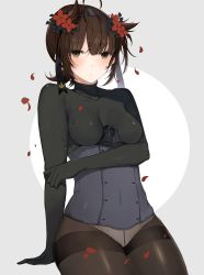 Rule 34 | 1girl, absurdres, ahoge, anchor symbol, arm support, bad id, bad twitter id, between breasts, black bodysuit, black headband, blush, bodysuit, breasts, brown eyes, brown hair, closed mouth, collarbone, corset, covered collarbone, covered navel, embarrassed, flower, grey background, hair flower, hair ornament, hand on own arm, hatsuzuki (kancolle), headband, highres, kantai collection, looking at viewer, oniku (oishii oniku), panties, pantyhose, shiny clothes, short hair, sitting, skin tight, small breasts, solo, thighband pantyhose, two-tone background, underwear, white background, white panties