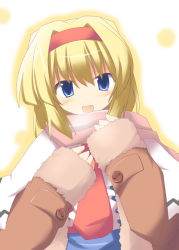 Rule 34 | 1girl, :d, alice margatroid, blonde hair, blue eyes, coat, female focus, fur trim, kugui kiyunemu, long sleeves, looking at viewer, necktie, open mouth, red necktie, red scarf, scarf, short hair, simple background, smile, solo, touhou, uppercut, white background, winter clothes, winter coat