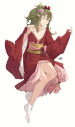 Rule 34 | 1girl, alternate costume, bare shoulders, breasts, commentary, fire emblem, flower, full body, green hair, hair flower, hair ornament, highres, japanese clothes, jewelry, kimono, legs, long hair, long sleeves, looking at viewer, nintendo, no shoes, pointy ears, ponytail, sakuremi, sash, signature, smile, socks, solo, tiara, tiki (adult) (fire emblem), tiki (fire emblem), white background, yukata