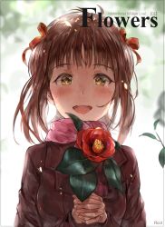 Rule 34 | 1girl, :d, amami haruka, backlighting, bad id, bad pixiv id, blush, brown coat, brown hair, chan1moon, coat, copyright name, flower, hair ribbon, highres, holding, holding flower, idolmaster, idolmaster (classic), idolmaster million live!, interlocked fingers, looking at viewer, open mouth, pink scarf, red flower, red ribbon, ribbon, scarf, short hair with long locks, sidelocks, smile, solo, upper body, yellow eyes