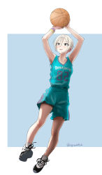 Rule 34 | 10s, 1girl, arms up, ball, basketball, basketball (object), blue background, bracelet, brown eyes, clothes writing, eyelashes, grey hair, highres, holding, holding ball, idolmaster, idolmaster cinderella girls, jersey, jewelry, jumping, looking up, national basketball association, shiomi syuko, shoes, short hair, shorts, sidelocks, simple background, sneakers, solo, translation request, twitter username, watanukin (etson122127)